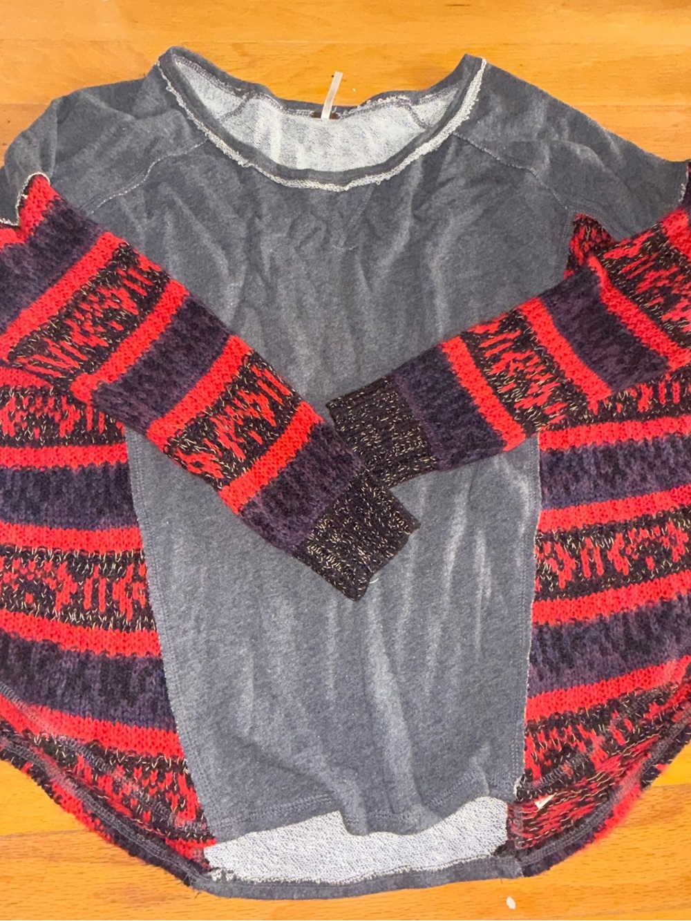 Free People Navy Pullover with Red & Purple Patterned Sleeves